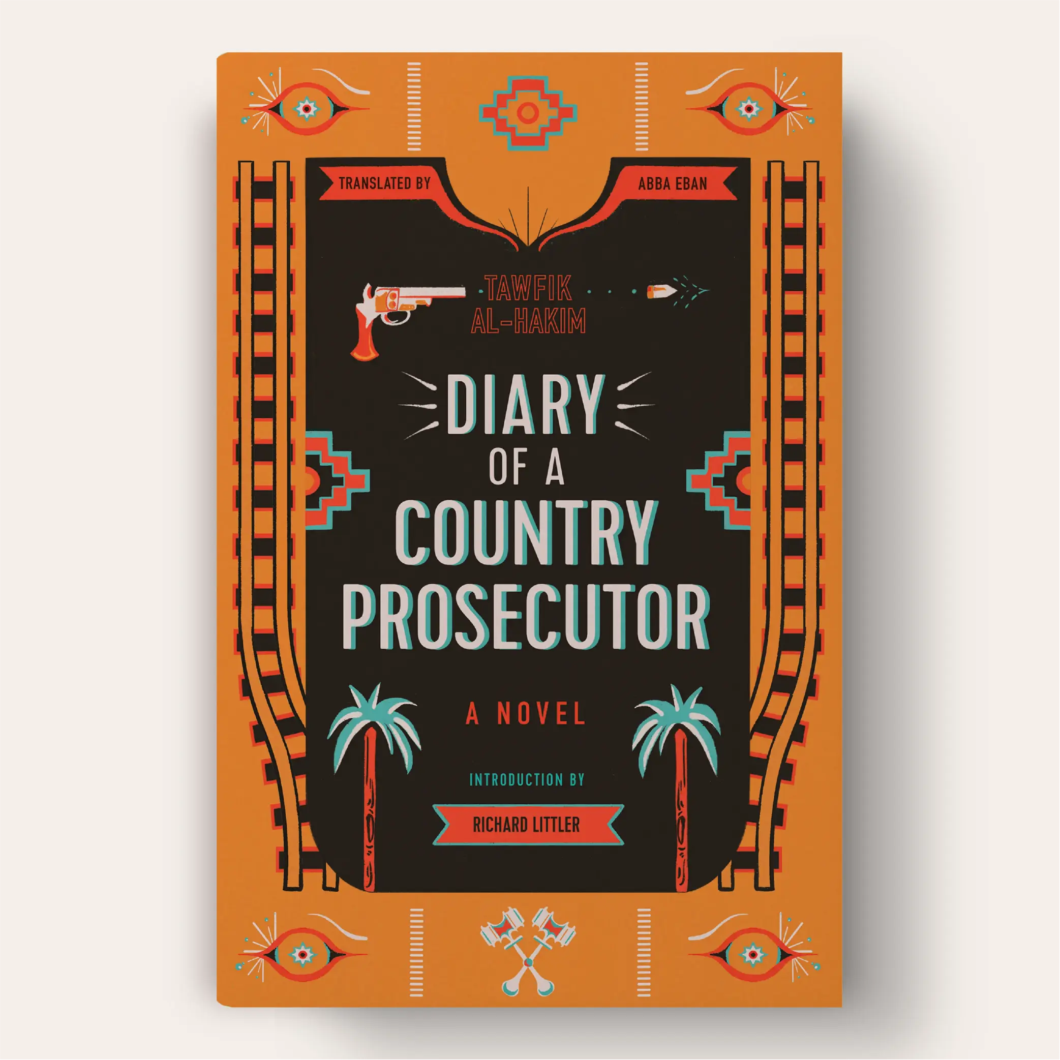 The design features various illustrations of motifs from the book, including train tracks, the evil eye, a gun, palm trees and a gavel.