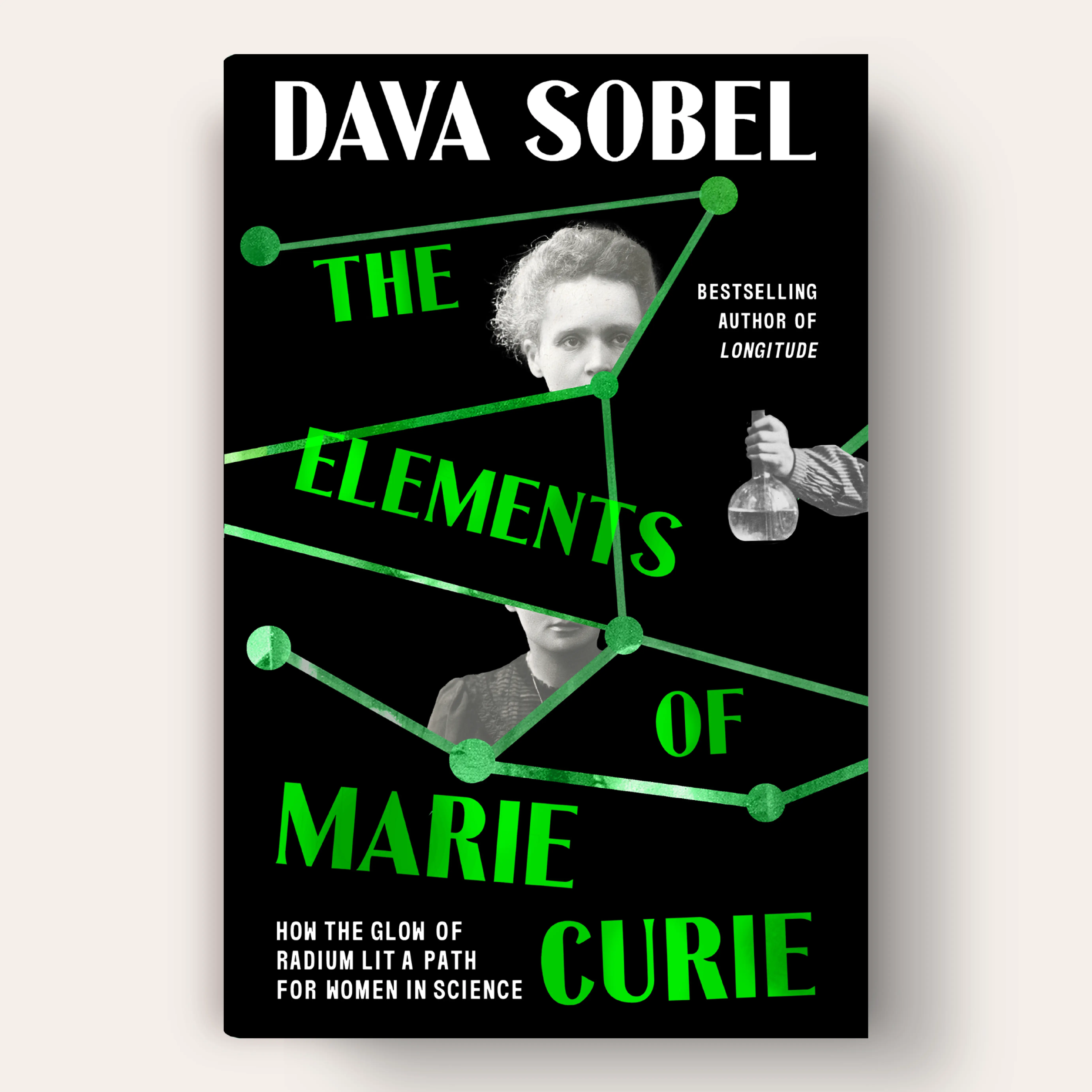 The design features a green DNA illustration surrounded by images of Marie Curie with a test tube.