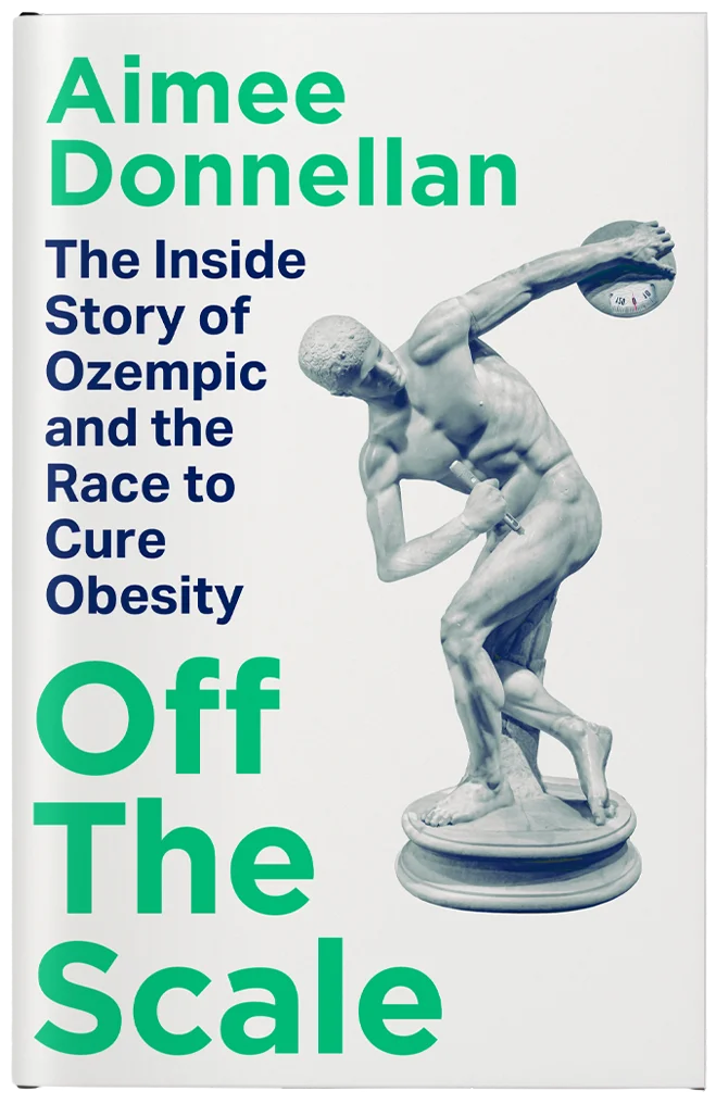 The cover features a classic Greek statue photographed to be in the action of taking an ozempic shot and lifting a scale.
