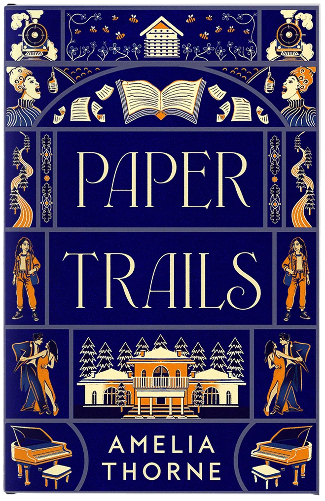 A blue illustrated cover with screenprinted characters in an elaborate frame.