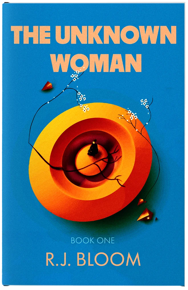 A blue dystopian fiction book cover with a geometric illustration of a woman sitting on a giant pebble.