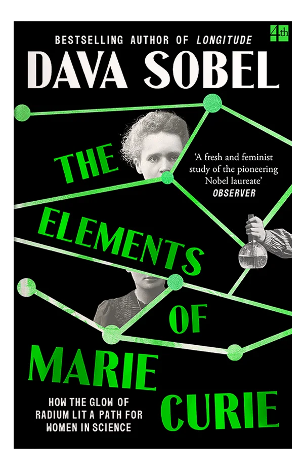 The design features a green DNA illustration surrounded by images of Marie Curie with a test tube.