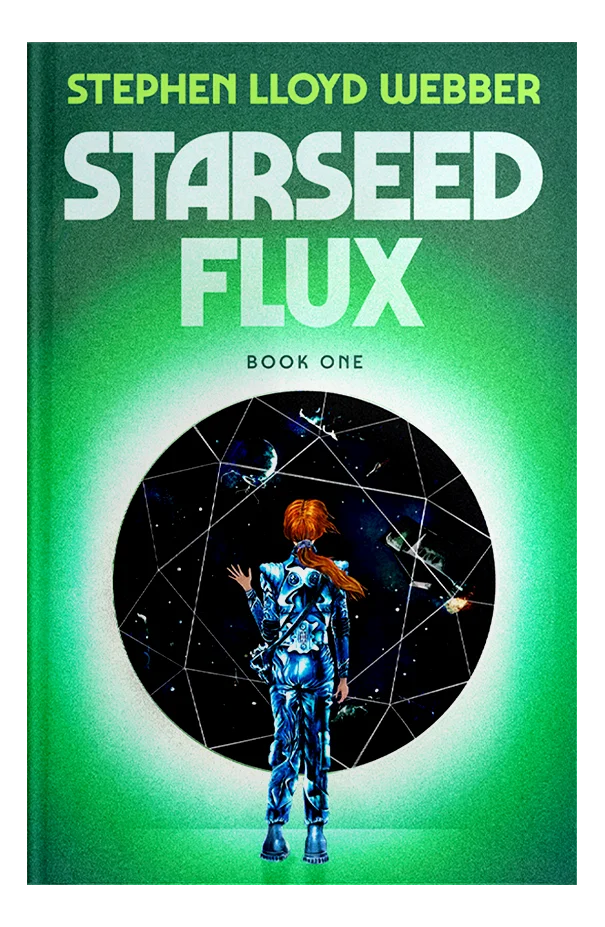 A science-fiction neon green book cover with the illustration of a woman in a space suit looking through a diamond shaped window at space ships.