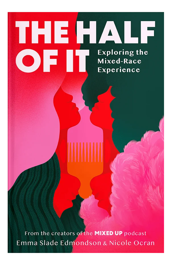A book cover design for a popular culture book about growing up mixed race, featuring an illustration of two women in pink and red and an afro comb.