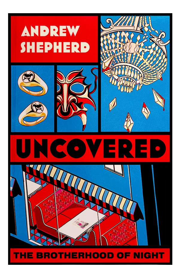 Comic style book cover with an illustration of a 80s cafe, signet rings, a masquerade mask with fangs and a shattered chandelier.