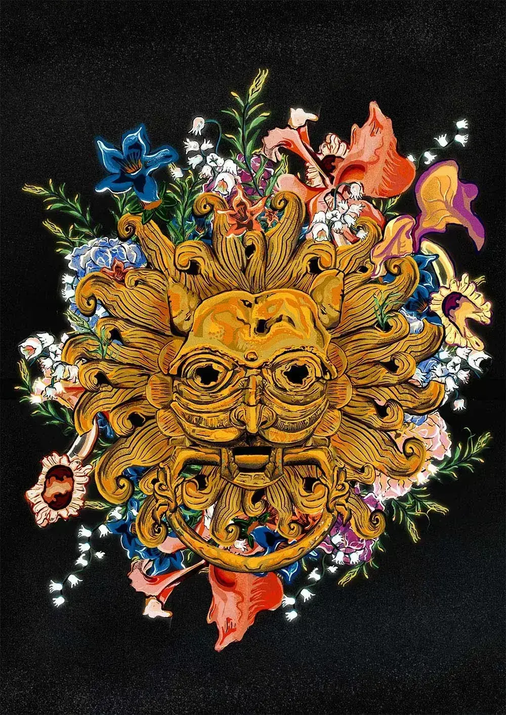 An illustration of the knocker at Durham cathedral surrounded by flowers.
