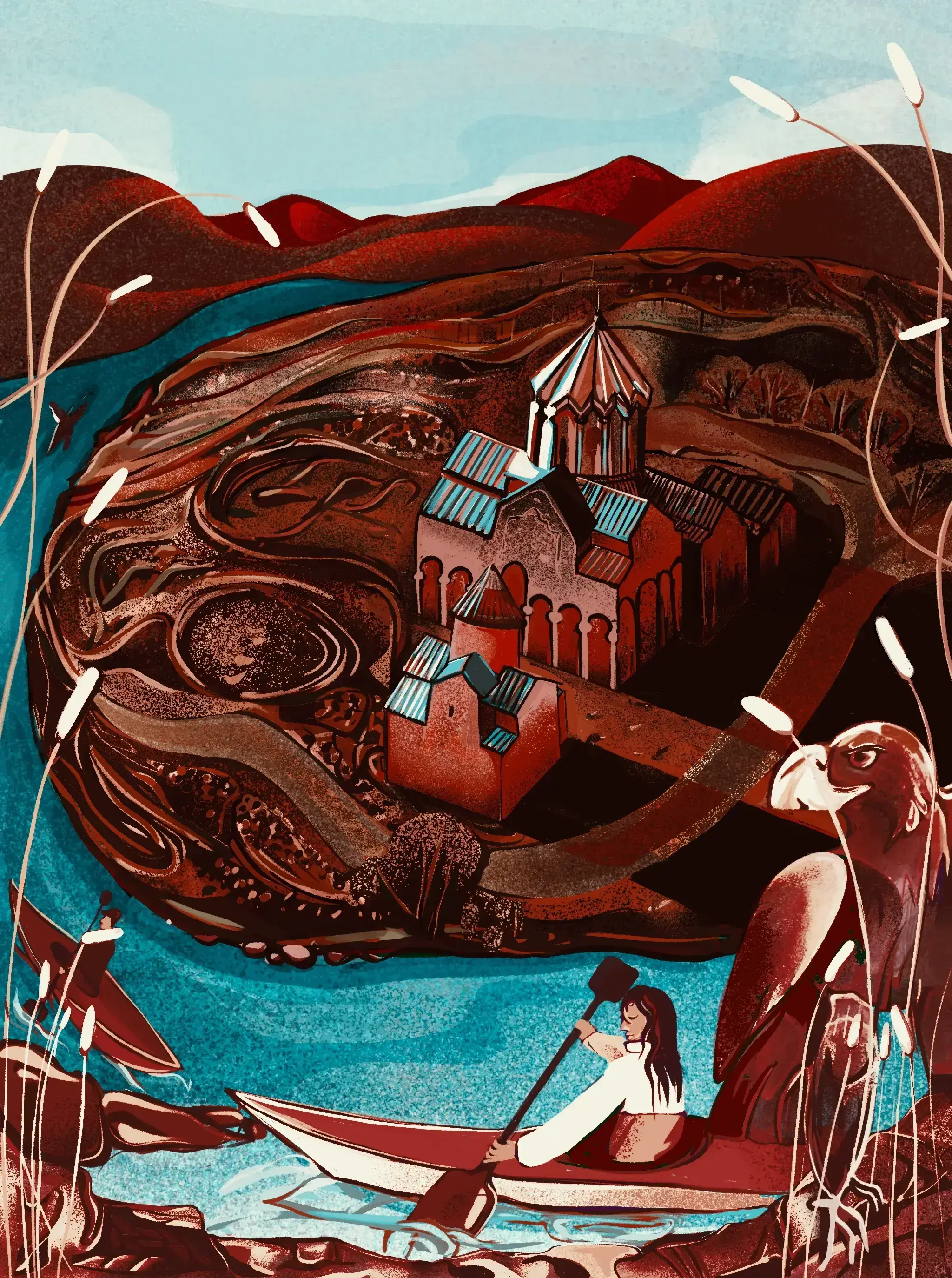 An illustration of three kayakers in marmashen monastery.