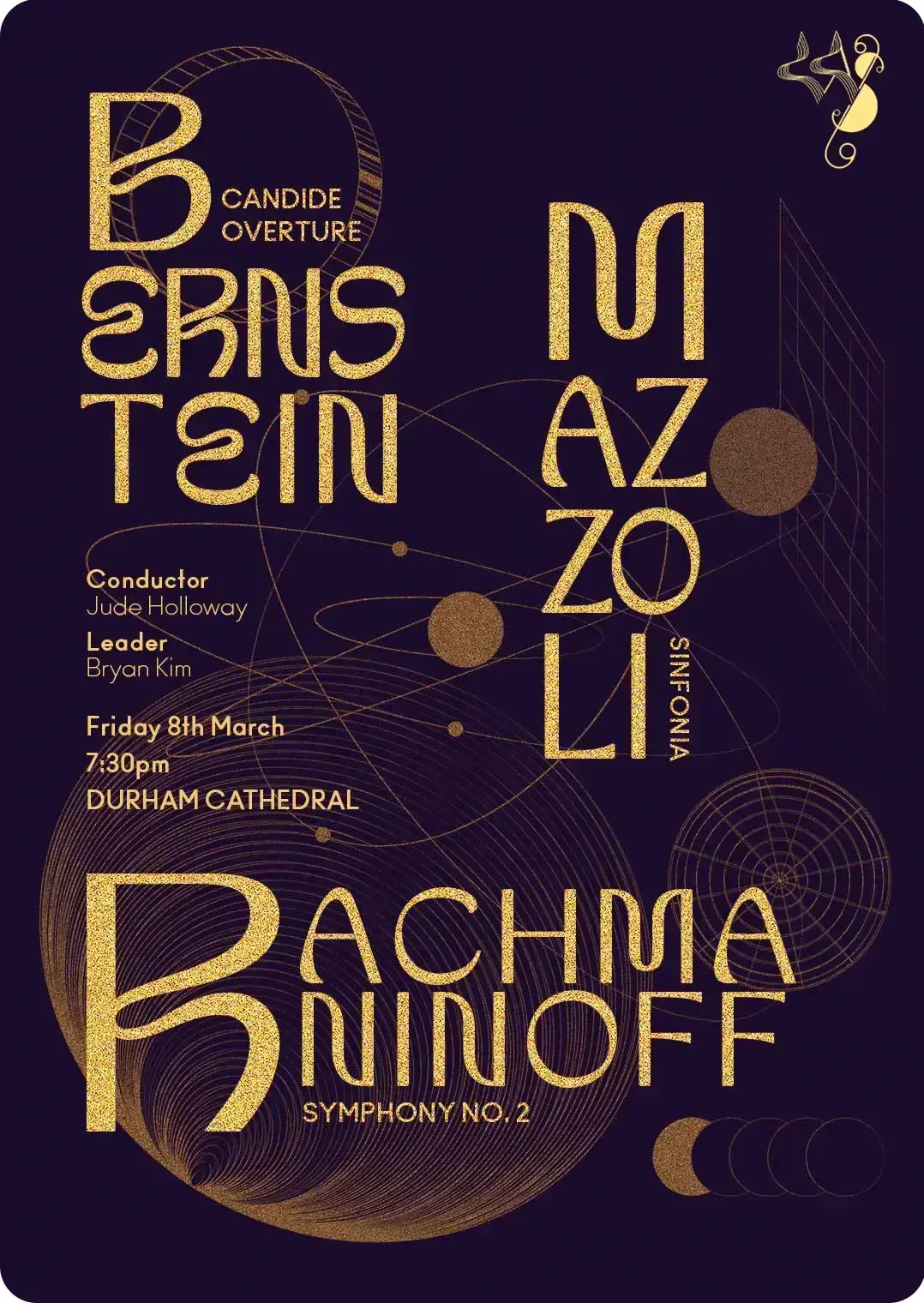 A poster design for a classical music concert featuring golden spirals and geometric shapes on a purple background