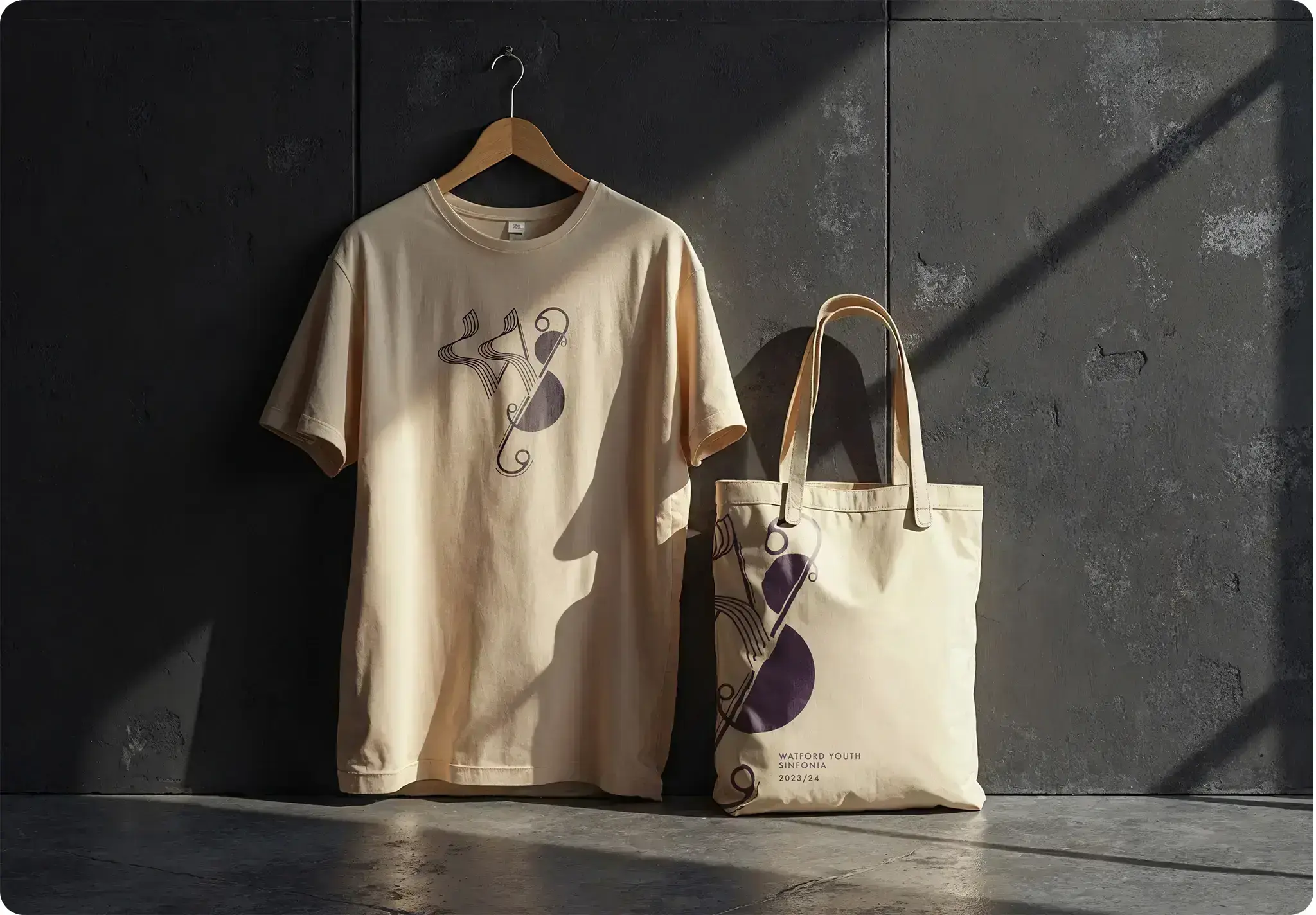 A classical music logo and poster on a tote and top